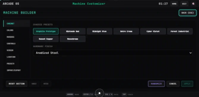 ArcadeOS machine customizer with cabinet controls