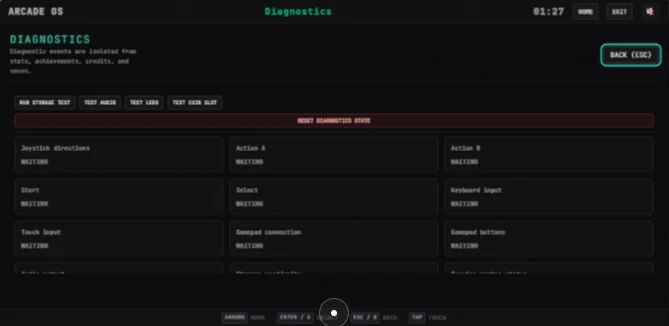ArcadeOS diagnostics panels